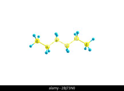 Hexan ist ein Alkan aus sechs Kohlenstoffatomen mit der chemischen Formel C6H14. Hexane sind wichtige Bestandteile von Benzin. Stockfoto