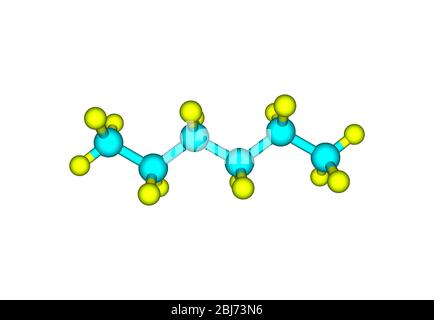 Hexan ist ein Alkan aus sechs Kohlenstoffatomen mit der chemischen Formel C6H14. Hexane sind wichtige Bestandteile von Benzin. Stockfoto