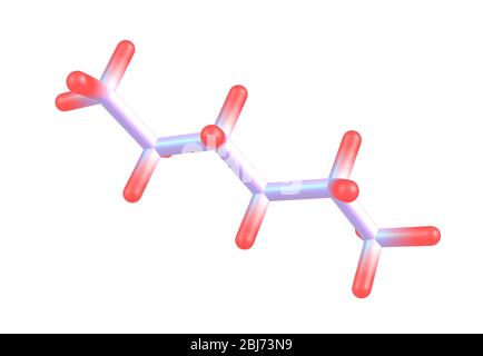 Hexan ist ein Alkan aus sechs Kohlenstoffatomen mit der chemischen Formel C6H14. Hexane sind wichtige Bestandteile von Benzin. Stockfoto