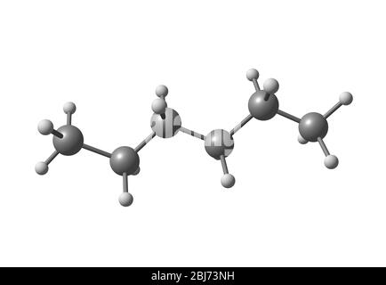 Hexan ist ein Alkan aus sechs Kohlenstoffatomen mit der chemischen Formel C6H14. Hexane sind wichtige Bestandteile von Benzin. Stockfoto