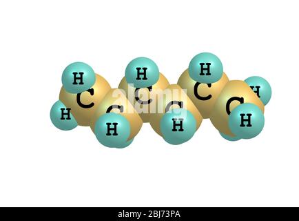 Hexan ist ein Alkan aus sechs Kohlenstoffatomen mit der chemischen Formel C6H14. Hexane sind wichtige Bestandteile von Benzin. Stockfoto