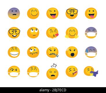 Emojis Gesichter flach Stil Symbol Set-Design, Cartoon Ausdruck Emoticon und Social Media Thema Vektor-Illustration Stock Vektor