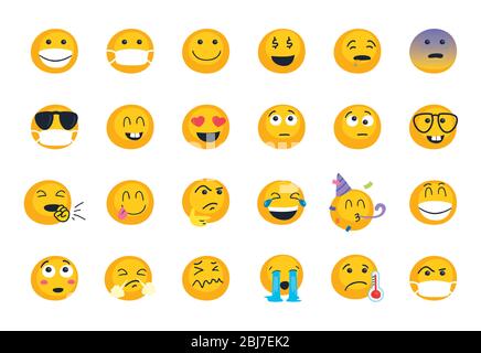 Emojis Gesichter flach Stil Symbol Set-Design, Cartoon Ausdruck Emoticon und Social Media Thema Vektor-Illustration Stock Vektor