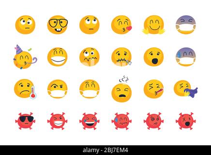Coronavirus und Emojis flacher Stil Icon Set Design, Emoticon und Social Media Thema Vektor-Illustration Stock Vektor
