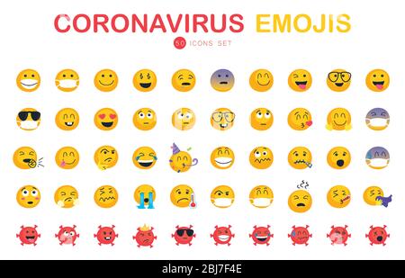 50 Coronavirus und Emojis flacher Stil Icon Set Design, Emoticon und Social Media Thema Vektor-Illustration Stock Vektor
