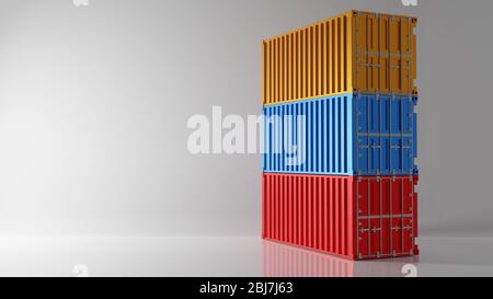 Dreifarbiger intermodaler Container-Stack auf weißem Hintergrund. Industrie Versand Container Lagerung Fracht in Lager Werft Dock. Import und Export von CO Stockfoto