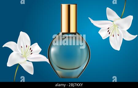 Mock-up Illustration von weiblichen Parfüm aus Blumenextrakt auf abstraktem Hintergrund Stock Vektor