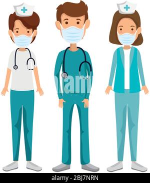 Krankenschwestern mit Notarzt, das das Symbol für die Gesichtsmaske verwendet Stock Vektor