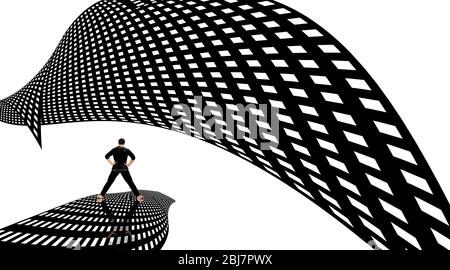 Ganzkörperaufnahme eines Mannes mit Aktivkleidung und Posen auf kreativem Hintergrund mit Barfuß. Horizontale Aufnahme. Stockfoto