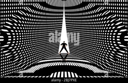 Künstlerisch futuristische Aufnahme eines Mannes auf der Disco-Bühne oder so etwas mit kreativem schwarzen Liniendesign um sie herum in schwarz-weißen Farben horizontal Stockfoto