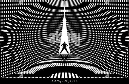 Künstlerisch futuristische Aufnahme eines Mannes auf der Disco-Bühne oder so etwas mit kreativem schwarzen Liniendesign um sie herum in schwarz-weißen Farben horizontal Stockfoto