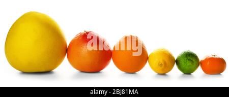 Gemischte Zitrusfrüchte, darunter eine Grapefruit, eine Orange, eine Zitrone, eine Mandarine, eine Limette und eine Pomelobst, ausgekleidet und isoliert auf weißem Hintergrund, schließen Stockfoto
