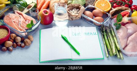 Gesunde Ernährung Essen Plan. Speiseplanung. Abnehmen und Gewicht Verlust Konzept. Panorama, Banner Stockfoto