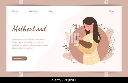 Mutterschaft. Frau hält ein Kind. Landind-Seitenvorlage. Moderne flache Stil Vektor-Illustration isoliert auf weichem Hintergrund. Stock Vektor