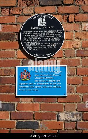 Gloucester's histroic Docks in Süd-West-England. Beschilderung am Schloss. Stockfoto