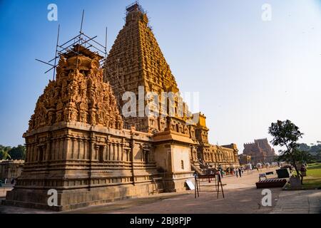 Eine landschaftlich schöne Aussicht auf lord Bragadeeswarar Tempel in Tanjore Tamil Nadu Indien Stockfoto