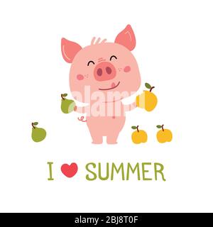 Vector Pink Piggy mit Herbstfrüchten Äpfel und Birnen. Stock Vektor