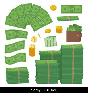 Geldsatz. Dollar und Münzen als Haufen, Stapel. Kann als Erfolg, Wirtschaft, Finanzen, Cash-Konzept verwendet werden. Stock Vektor Illustration isoliert auf weiß Stock Vektor