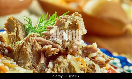 Chorezmskiy usbekischen plov Chalov, authentische Reis und Lamm Gericht für eine Party aus dem Herzen von Mittelasien Stockfoto