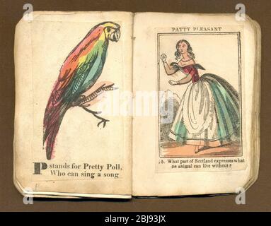 Selbstgemachtes Alphabet Buch offen bei P für Polly um 1850 Stockfoto