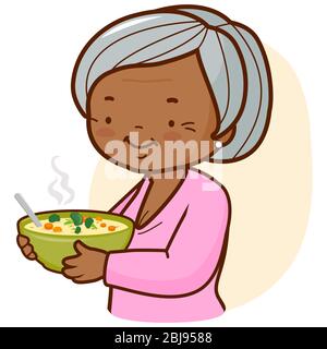 Afroamerikanische Oma hält eine Schüssel Suppe. Stockfoto