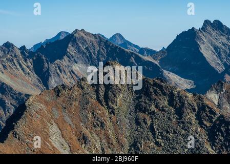 Spektakuläre Vysoke Tatry Berge in der Slowakei mit Strbsky Stit, Ladovy Stit, Lomnicky Stit, Rysy, Vysoka und einige andere Gipfel und klaren Himmel während der Vormitämmerstoße Stockfoto