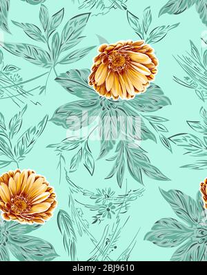Botanische Collage mit grünen Blättern Zweige nahtlose Muster für Hochzeit Design Stockfoto