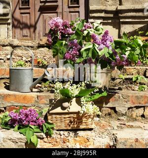Schöne Vintage-Komposition mit Frühlingsblumen, im Freien Stockfoto