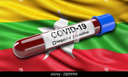 Flagge von Myanmar winkend im Wind mit einem positiven Covid-19 Blutprobe Rohr. Stockfoto