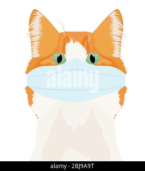 Katze in einer medizinischen Maske. Ingwer Katze mit grünen Augen Vektor-Illustration auf weißem Hintergrund isoliert Stock Vektor