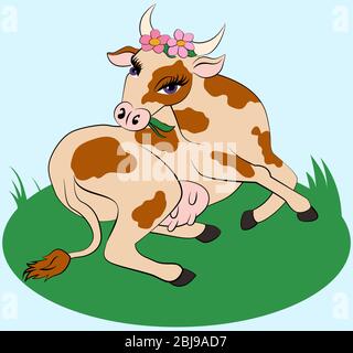 Cartoon Schönheit gefleckte Kuh auf grünem Gras Vektor-Illustration Stock Vektor