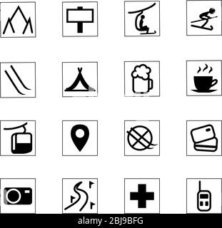 Skigebiet Symbol-Set. Schwarz monochrome Symbole isoliert auf weiß Stock Vektor