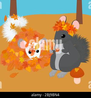 Zwei Chinchillas wandern und haben Spaß im Herbstwald. vektorgrafik Stock Vektor