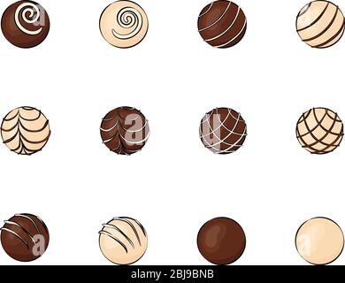 Runde Schokolade mit verschiedenen Dekor. Süßigkeiten aus weißer und dunkler Schokolade auf weiß für ein Menü oder Grußkarte für einen Urlaub oder für Vale isoliert Stock Vektor