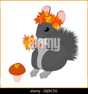 Cartoon Fall Vektor Illustration von grauen Chinchilla in Kranz von Herbstblättern. Niedliche Herbst Illustration isoliert auf weiß Stock Vektor