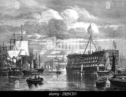 HMS DREADNOUGHT Royal Navy 98-Pistole zweiter Satz startete 1801 als Krankenhausschiff vor Greenwich im Jahr 1870. Stockfoto