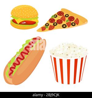 Cartoon Fast Food bunte Illustrationen. Isoliert auf weißem Popcorn, Pizza, Sandwich, Hot Dog Vektor-Illustration. Stock Vektor