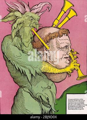 MARTIN LUTHER (1483-1546) Deutscher protestantischer Reformator als Dudelsack, gespielt vom Teufel in einer farbigen Version eines zeitgenössischen Holzschnitts Stockfoto