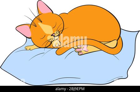 Ginger Katze schläft auf einem blauen Kissen. Cartoon Katze Stock Vektor Illustration isoliert auf weißem Hintergrund Stock Vektor
