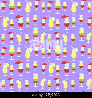 Nahtloses Muster mit Cocktails und Limonade. Kalte Getränke auf lila Hintergrund Stock Vektor
