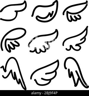 Engel Flügel Symbol Set Skizze, stilisierte Vogel Flügel Sammlung Cartoon Hand gezeichnete Vektor Illustration Skizze. Stock Vektor