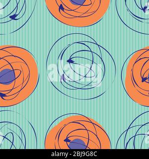 Getuftelte Tinte Linie Kreis Vektor nahtlose Muster Hintergrund. Hand gezeichnet Pinsel Schlaganfall Ring Formen neonblau orange Hintergrund. Auffälliger abstrakter Strudel Stock Vektor