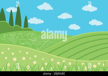 Ländliche grüne Landschaft Szene. Sommer Land Landschaft Hintergrund mit grünen Feldern, Wiese, Wolken, Gras, Blumen, Bäume, blauer Himmel. Flache Design Cartoon Stock Vektor