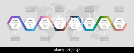Vector Business Infografiken. Zeitleiste Modern mit 8 Sechsecken. Modernes Design für Flussdiagramm, Zeitleiste, Web, Grafik, Präsentation Stock Vektor