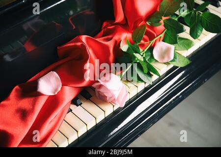 Rosa Rose auf Klaviertasten Stockfoto