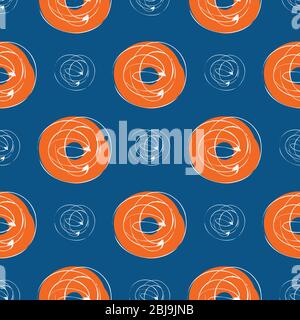 Getuftelte Tinte Linie Kreis Vektor nahtlose Muster Hintergrund. Hand gezeichnet Pinselstrich Ring Formen orange blaue Hintergrund. Auffälliges Design. Alles modern Stock Vektor