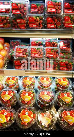 Erdbeeren in Plastikboxen am Lebensmittelgeschäft Theke. Stockfoto