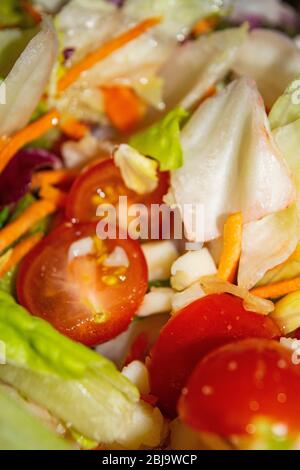 Gemüsesalat Tomaten, Zwiebeln, Salat, Karotten und Rüben in Scheiben geschnitten. Nahaufnahme. Gesunde Ernährung und Fitness-Diät Stockfoto