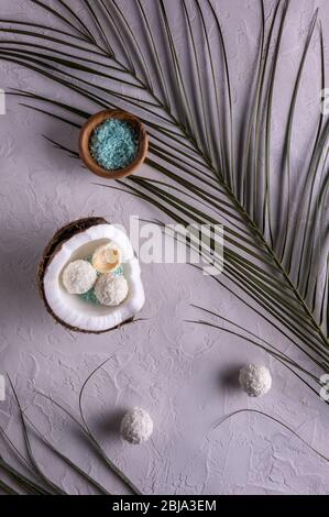 Flach legen mit der Hälfte der Kokosnuss in der Schale, Kokosflocken in der Schüssel, Kokosnuss Süßigkeiten und Palmblätter auf weiß strukturierte Tischoberfläche. Kokosnuss ist gefüllt mit Witz Stockfoto