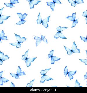 Nahtloser Hintergrund mit blauen Schmetterlingen, helle Schmetterling Dekoration für Hintergründe, Poster, Stoff oder Verpackung Projekte Stockfoto